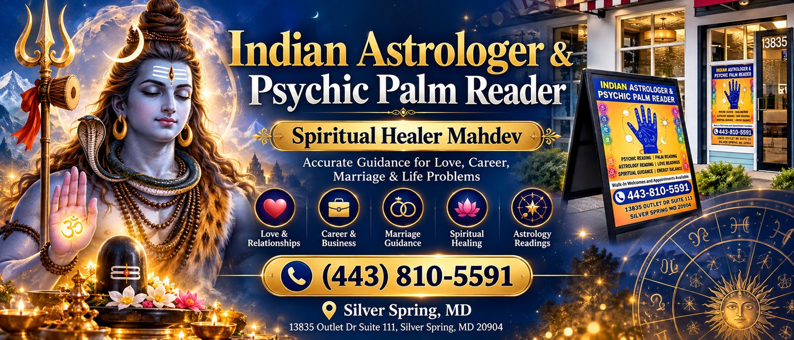 Indian Astrologer and Psychic Palm Reader banner with Lord Shiva