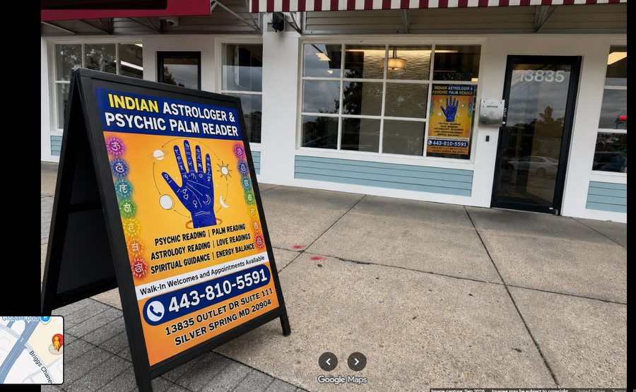 Storefront sign of Indian Astrologer and Psychic Palm Reader in Silver Spring